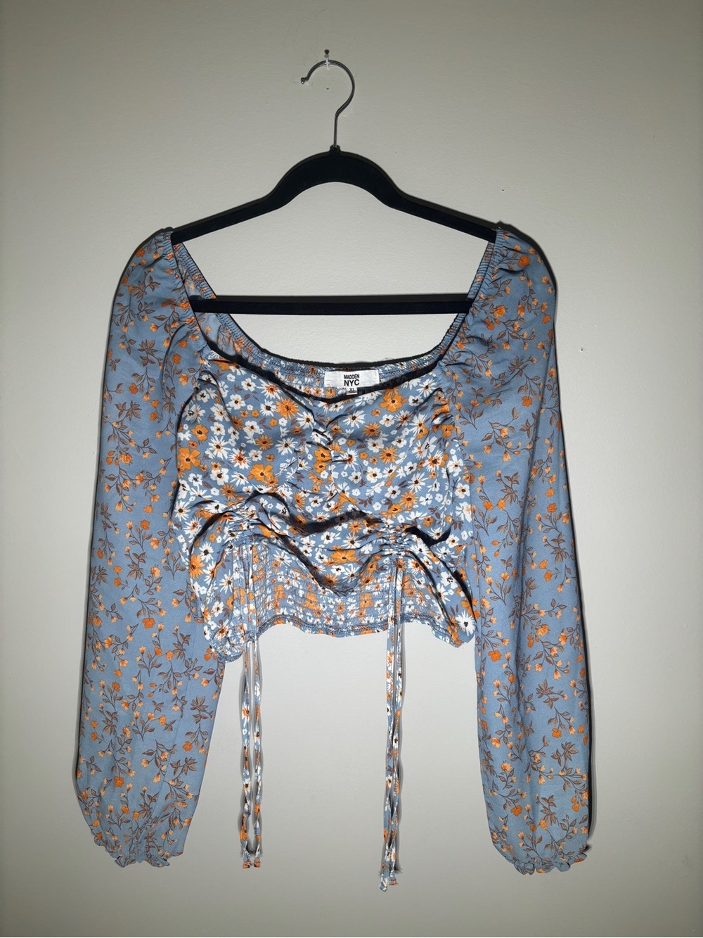 Madden NYC Blue Floral Smocked Peasant Crop Top XL